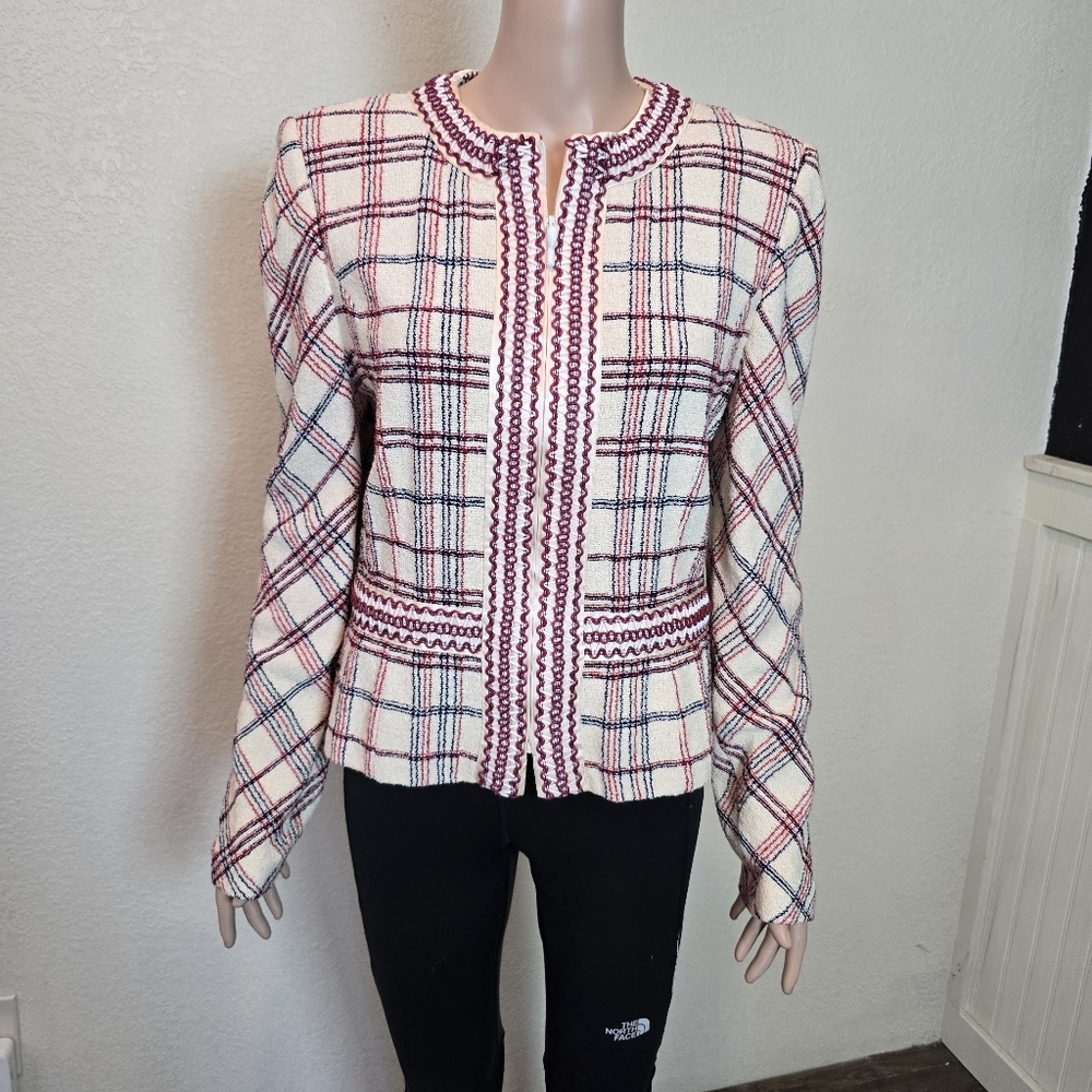 Vintage St John Plaid Zip-Up Jacket Cardigan w/ Woven Plaid  Accents | Size: 10